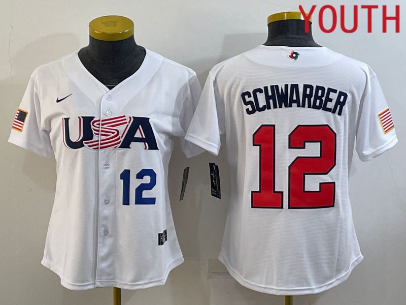 Youth 2023 World Cub USA 12 Schwarber White MLB Jersey2